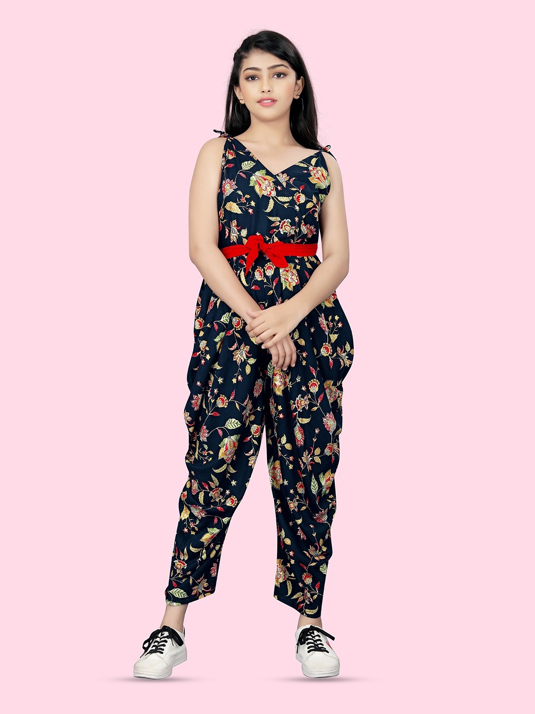 

BAESD Girls Shoulder Straps Waist Tie-Ups Printed Basic Jumpsuit, Navy blue