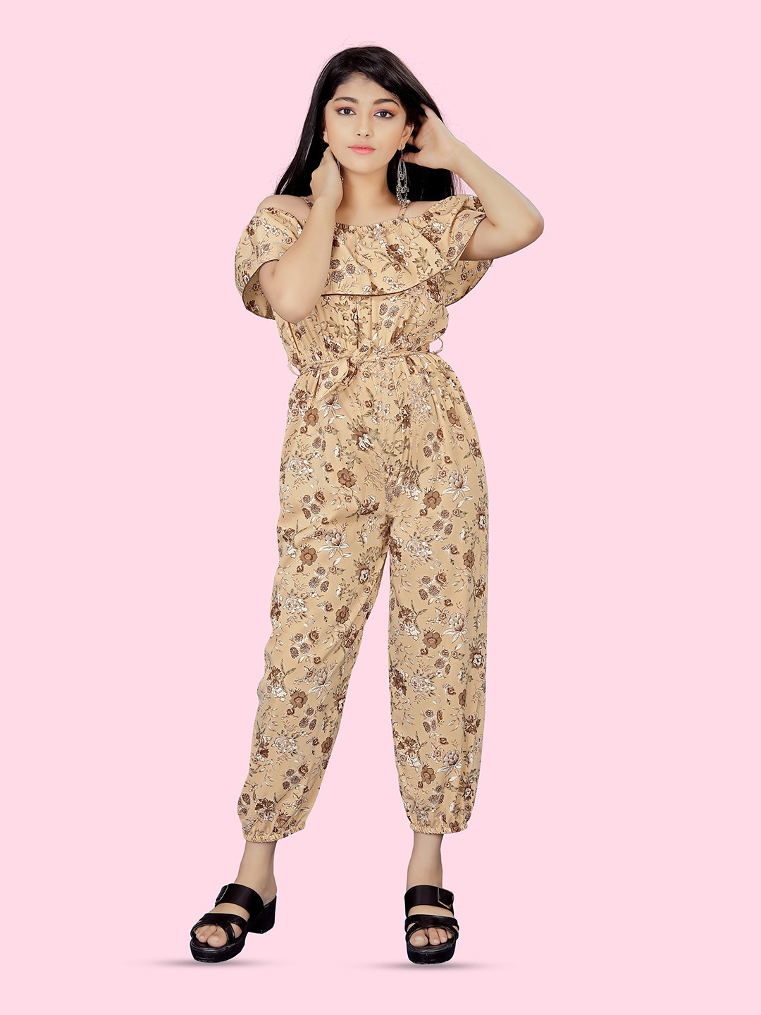 

BAESD Girls Printed Waist Tie-Ups Basic Jumpsuit, Yellow