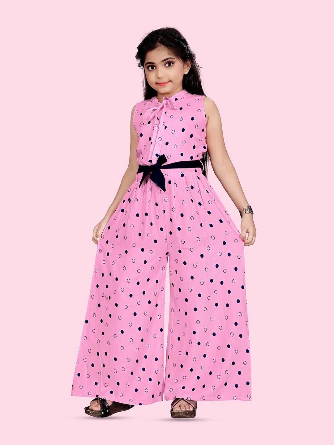 

BAESD GirlsTie Up Neck Polka Dot Printed Waist Tie-Up Basic Jumpsuit, Pink
