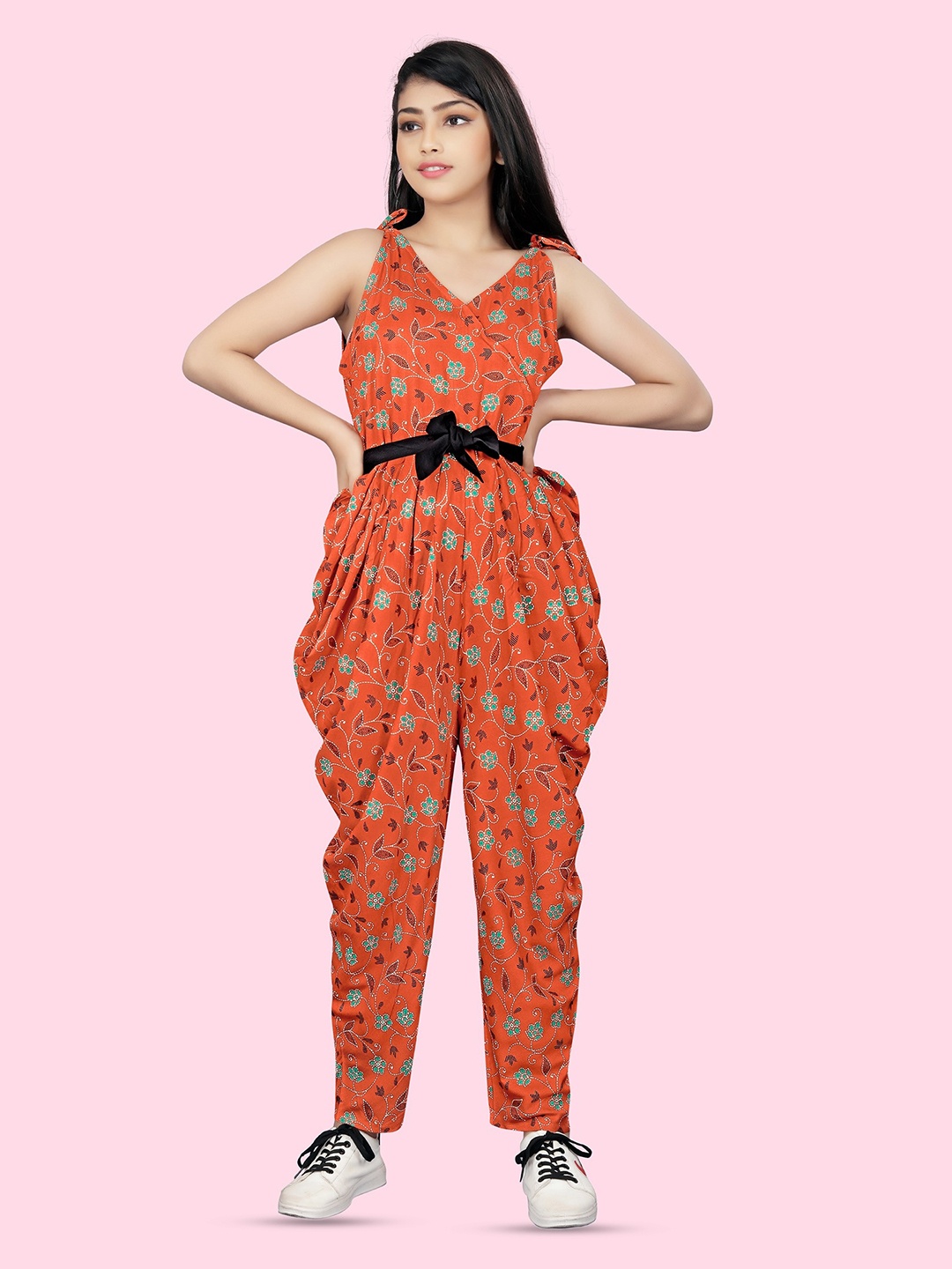 

BAESD Girls Floral Printed V-Neck Basic Jumpsuit, Orange