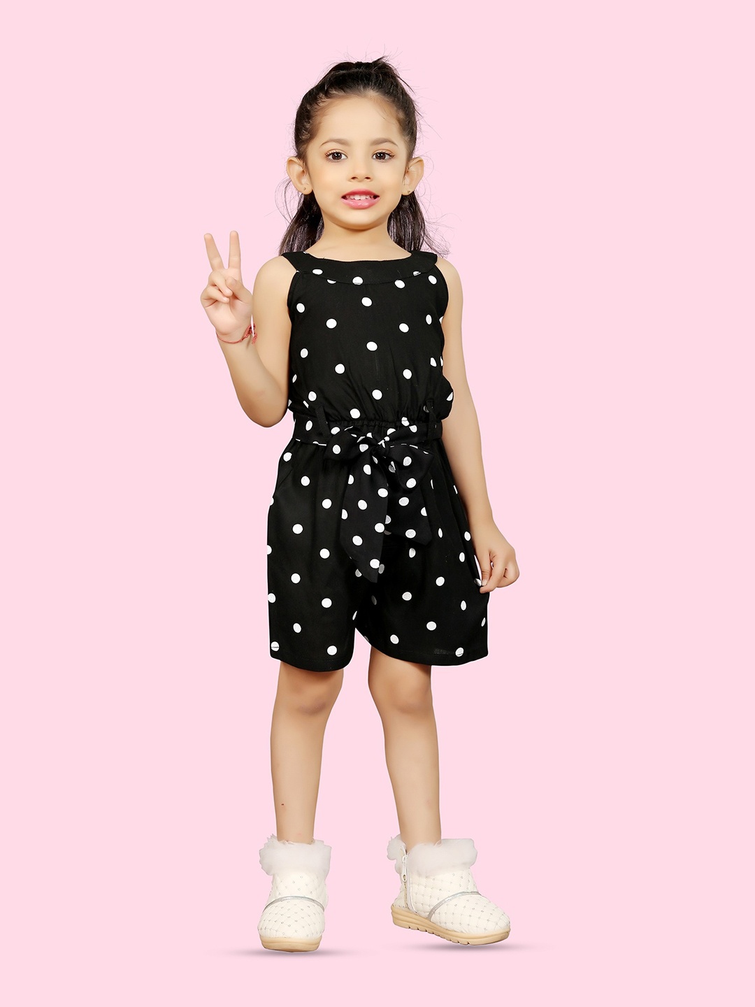 

BAESD Girls Polka Dot Printed Round Neck Waist Tie-Ups Basic Jumpsuit, Black