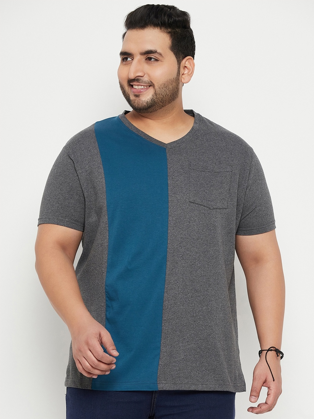 

bigbanana Plus Size Colourblocked V-Neck Cotton T-shirt, Grey