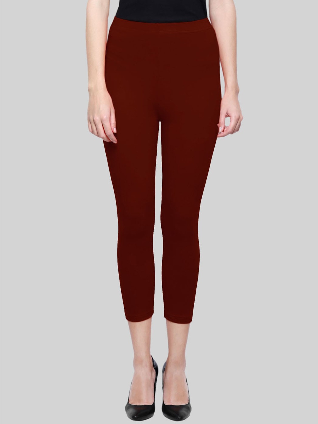 

SAUNDARYA Stretch Fit Calf-Length Cotton Leggings, Maroon