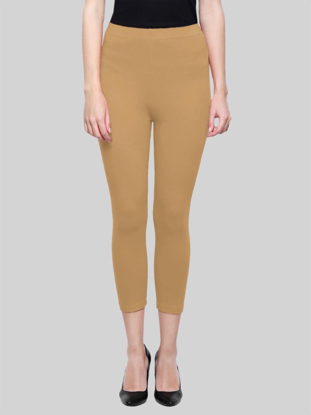 

SAUNDARYA Women Anti Pilling Calf-Length Stretch Fit Leggings, Beige