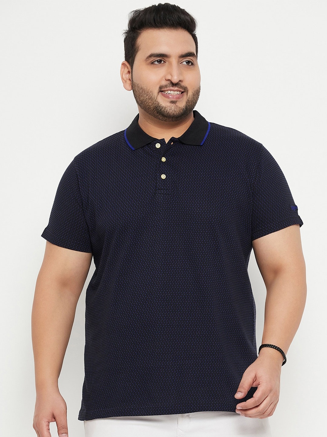 

bigbanana Plus Size Self Design Polo Collar Bio Finish T-shirt, Navy blue