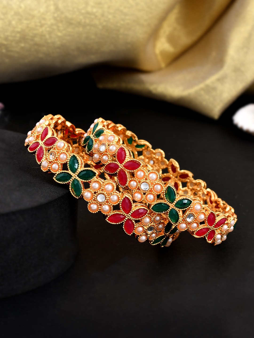 

Shoshaa Set Of 2 Gold-Plated Stone-Studded & Beaded Bangles