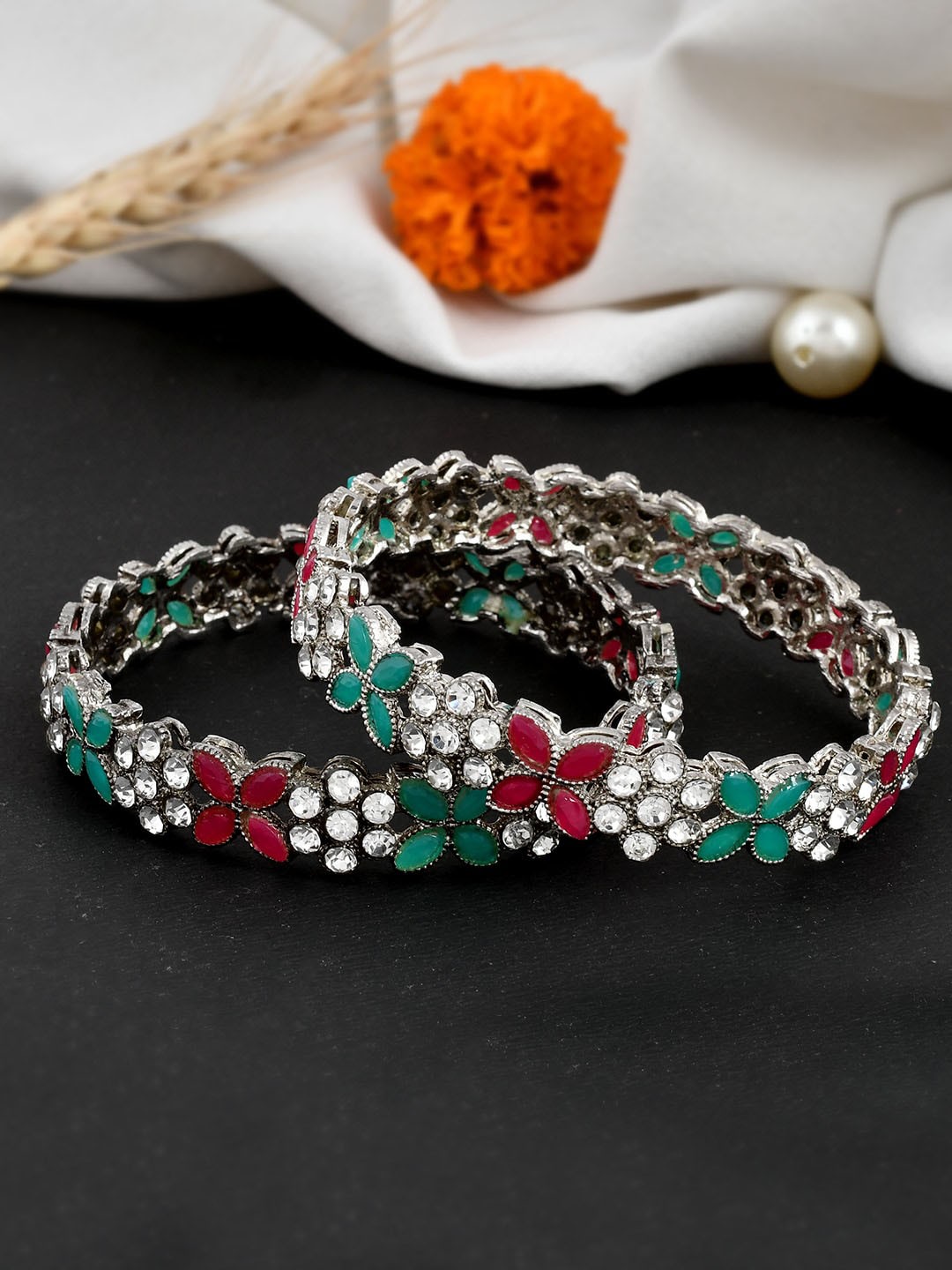 

Shoshaa Set Of 2 Silver-Plated Stone-Studded Bangles