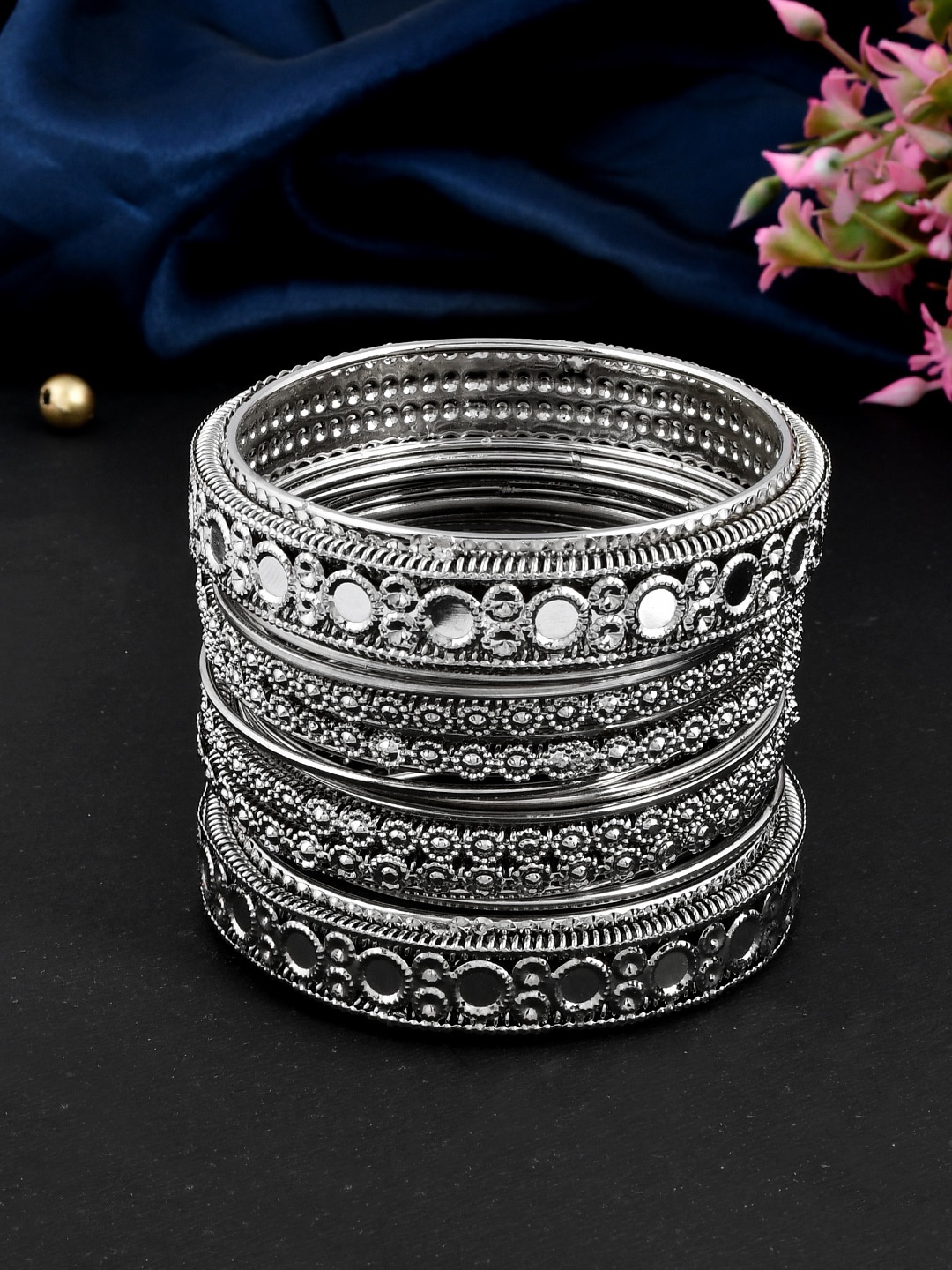 

Shoshaa Set Of 16 Silver-Plated Mirror Stone-Studded Bangles