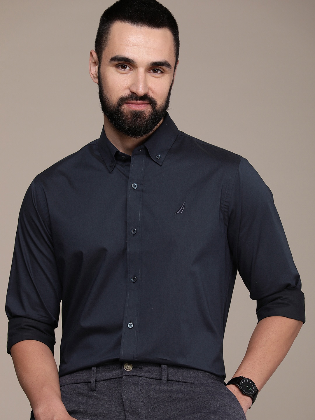 

Nautica Classic Fit Pure Cotton Opaque Casual Shirt, Navy blue