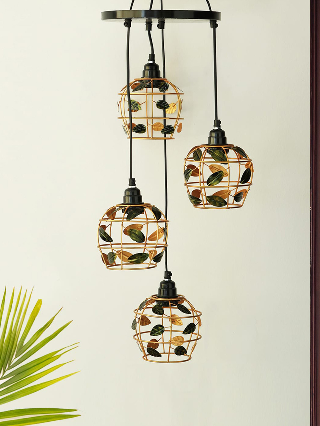 

ExclusiveLane Gold Toned & Green Textured Chandelier With Hanging Lamp Shades