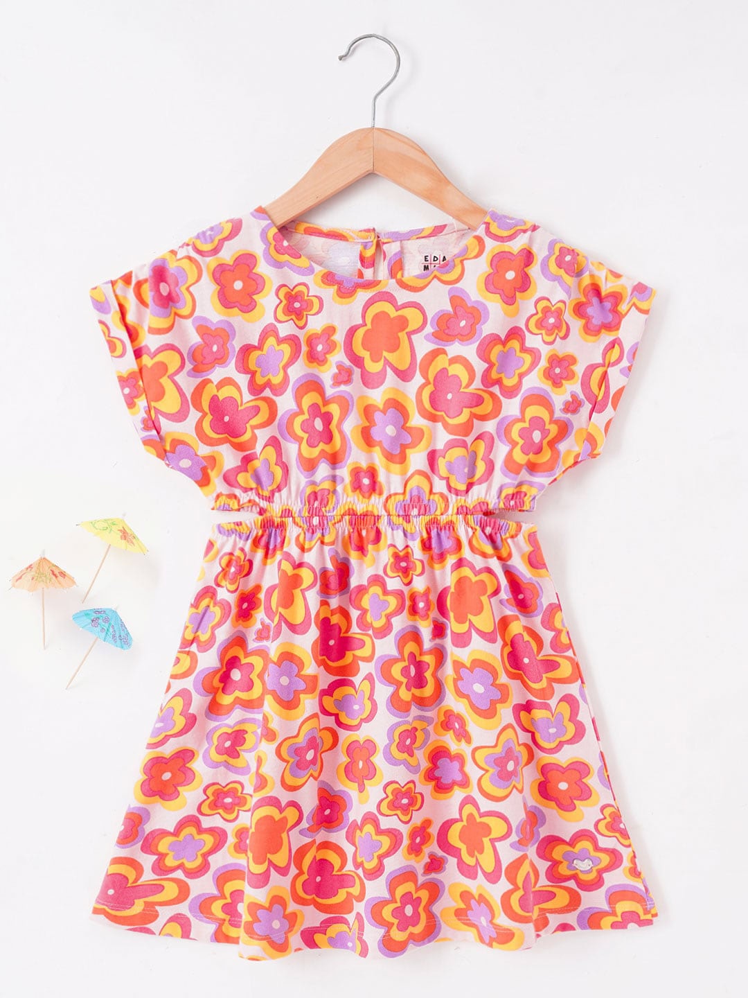 

Ed-a-Mamma Girls Floral Printed Extended Sleeves Cut-Outs Cotton Fit & Flare Dress, White