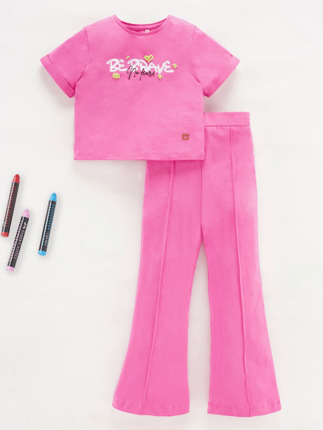 

Ed-a-Mamma Girls Typography Printed Pure Cotton T-shirt with Trousers, Pink