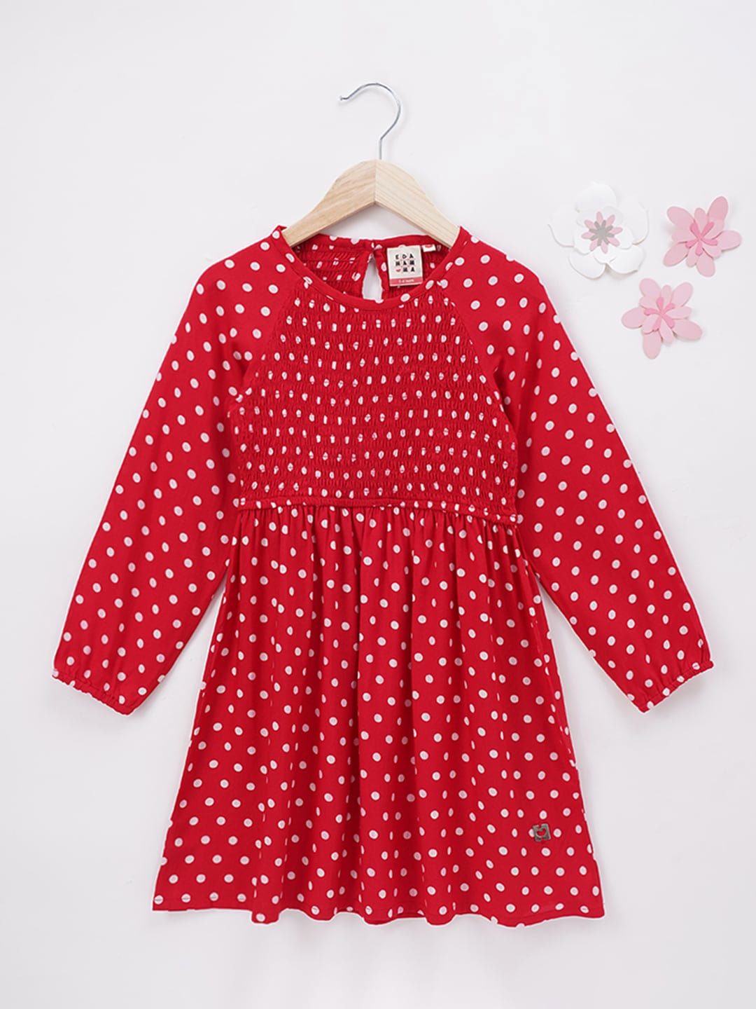 

Ed-a-Mamma Polka Dot Printed Raglan Sleeves Smocked Fit & Flare Dress, Red