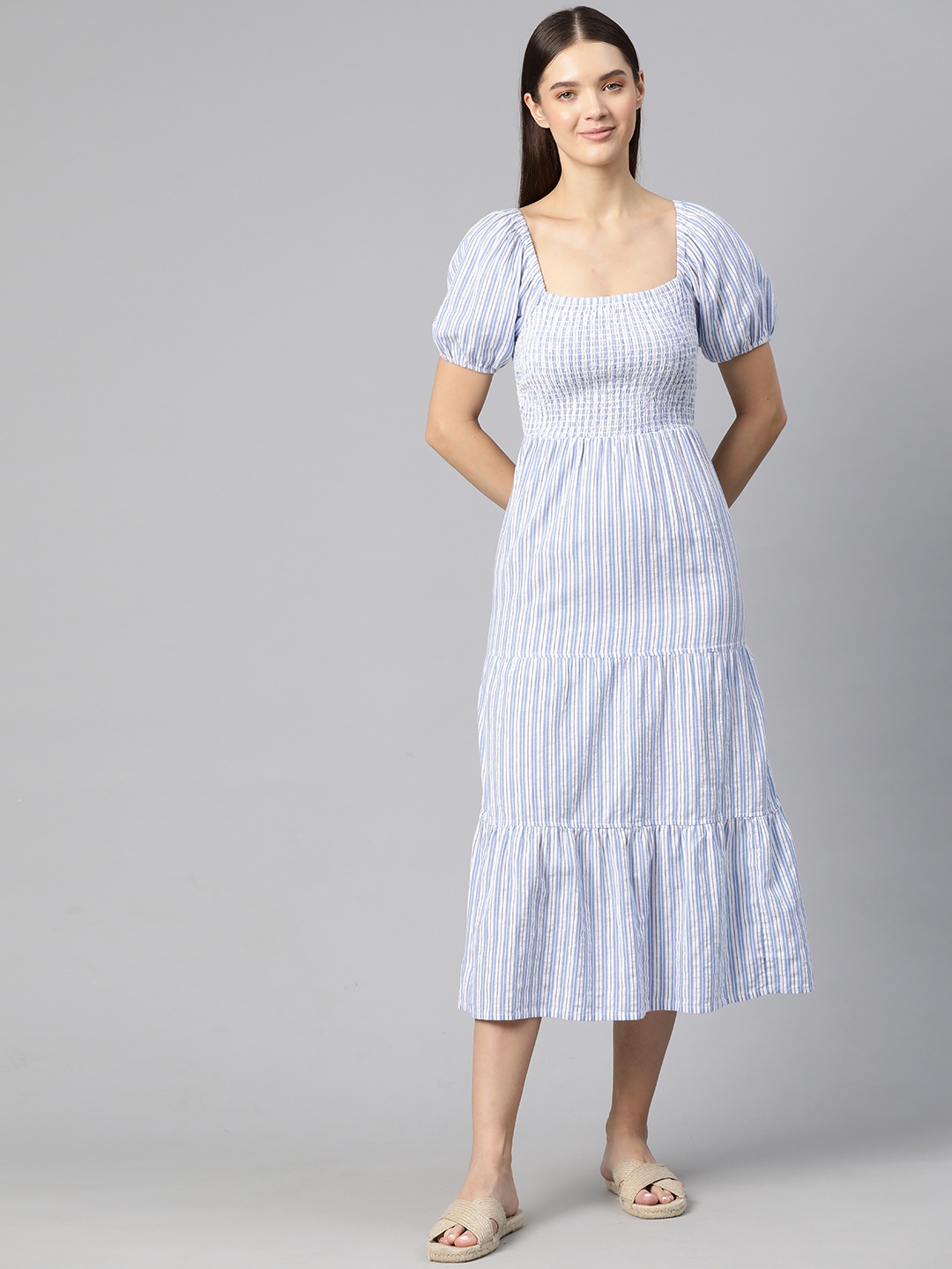 

Marks & Spencer Striped Smocked Pure Cotton A-Line Midi Dress, Blue