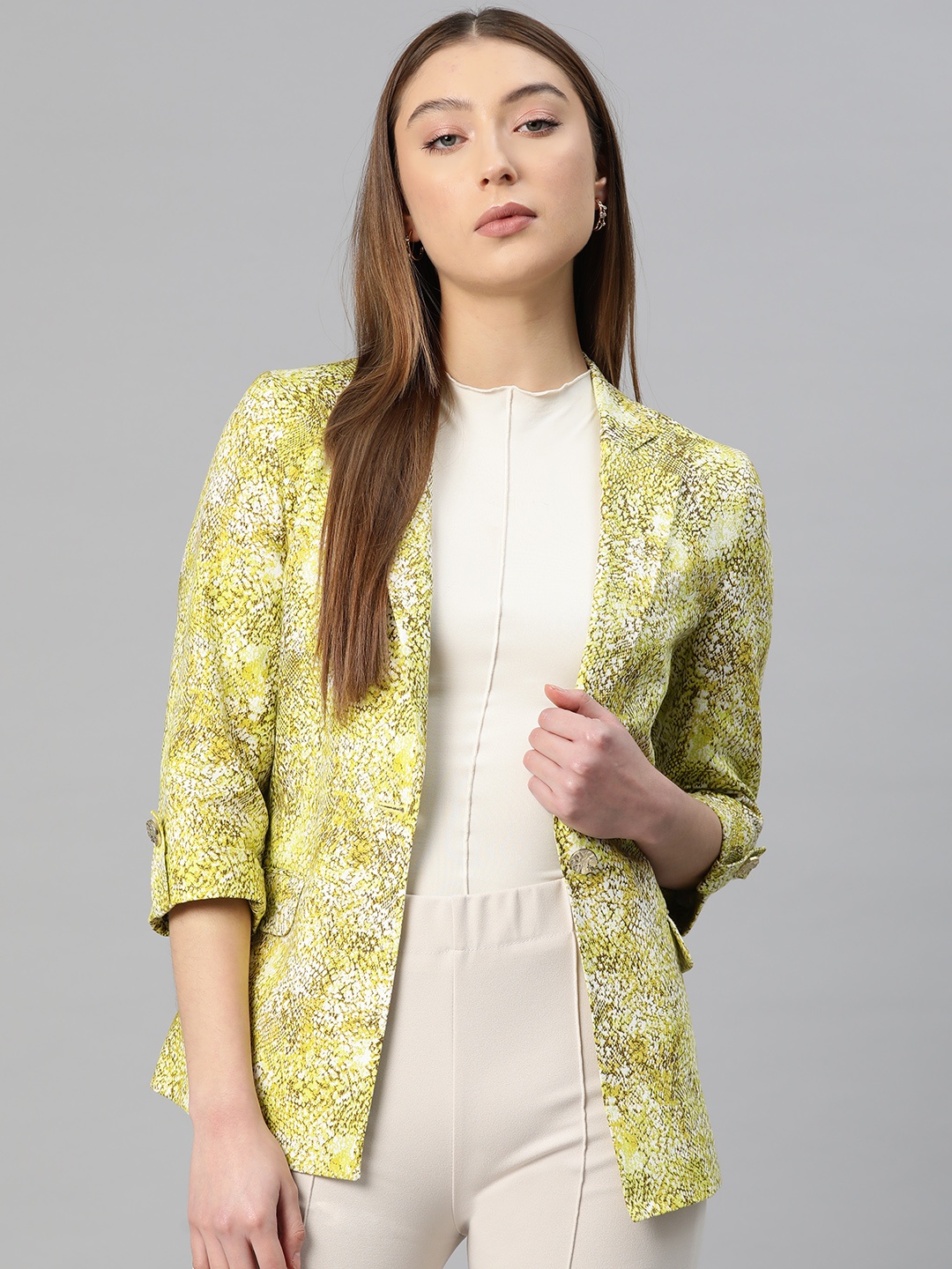 

Marks & Spencer Women Animal Print Single-Breasted Blazer, Green