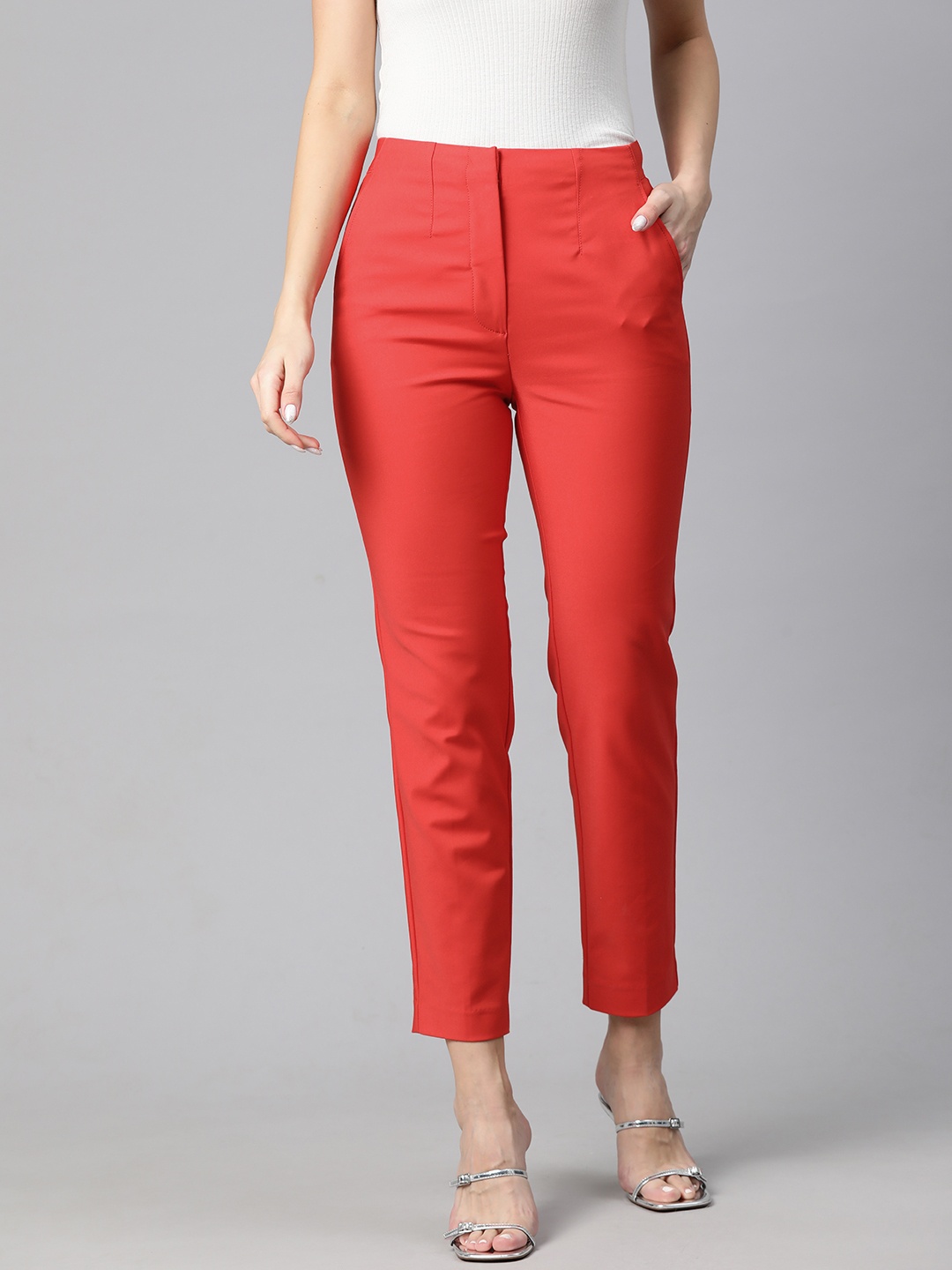 

Marks & Spencer Women High-Rise Cropped Trousers, Red