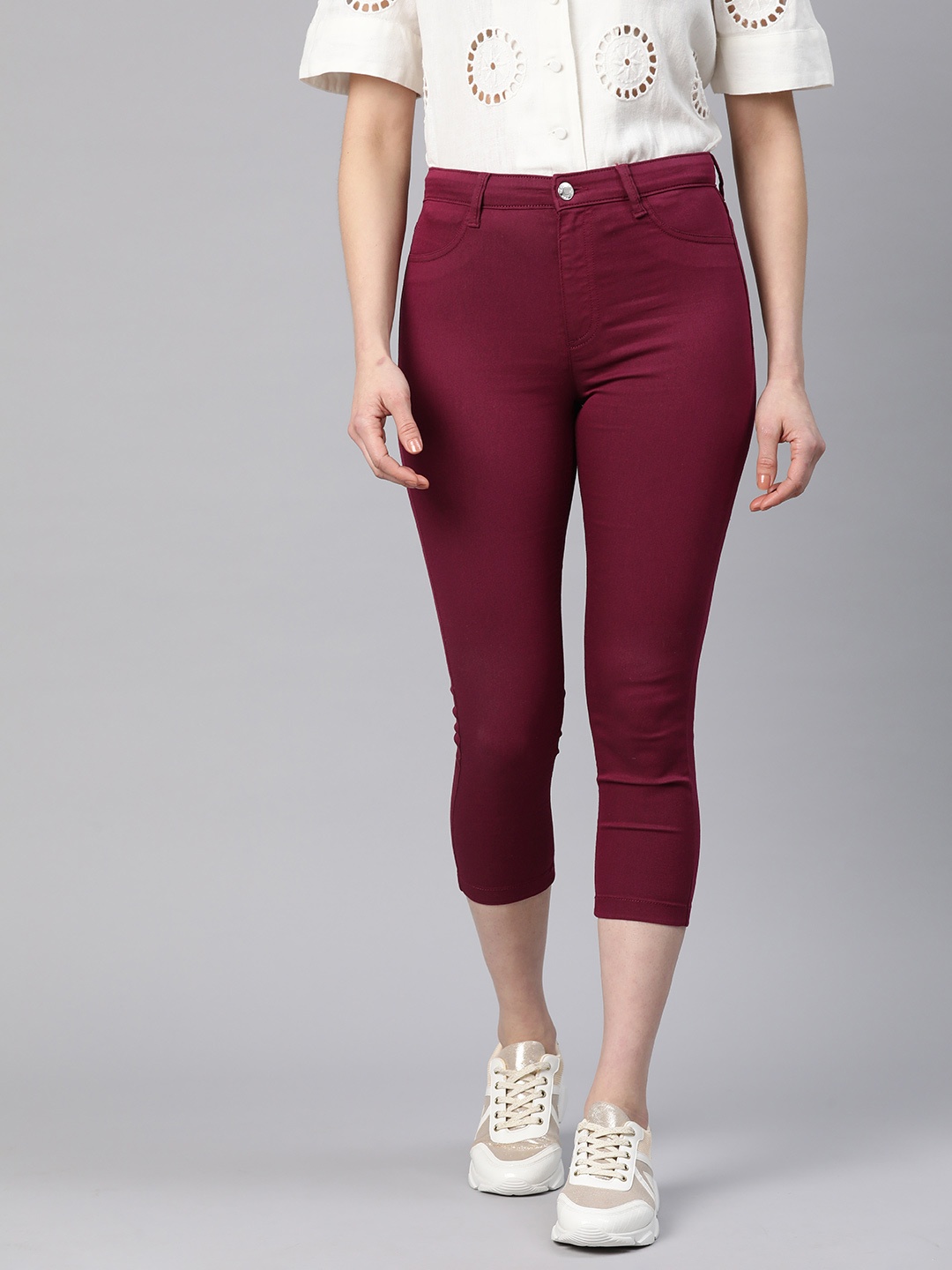 

Marks & Spencer Women Skinny Fit Cropped Jeggings, Burgundy