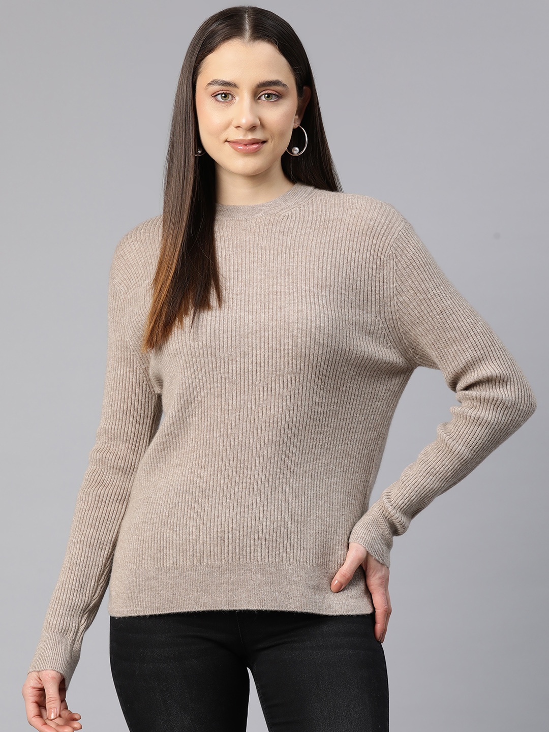 

Marks & Spencer Women Ribbed Woollen Pullover, Taupe