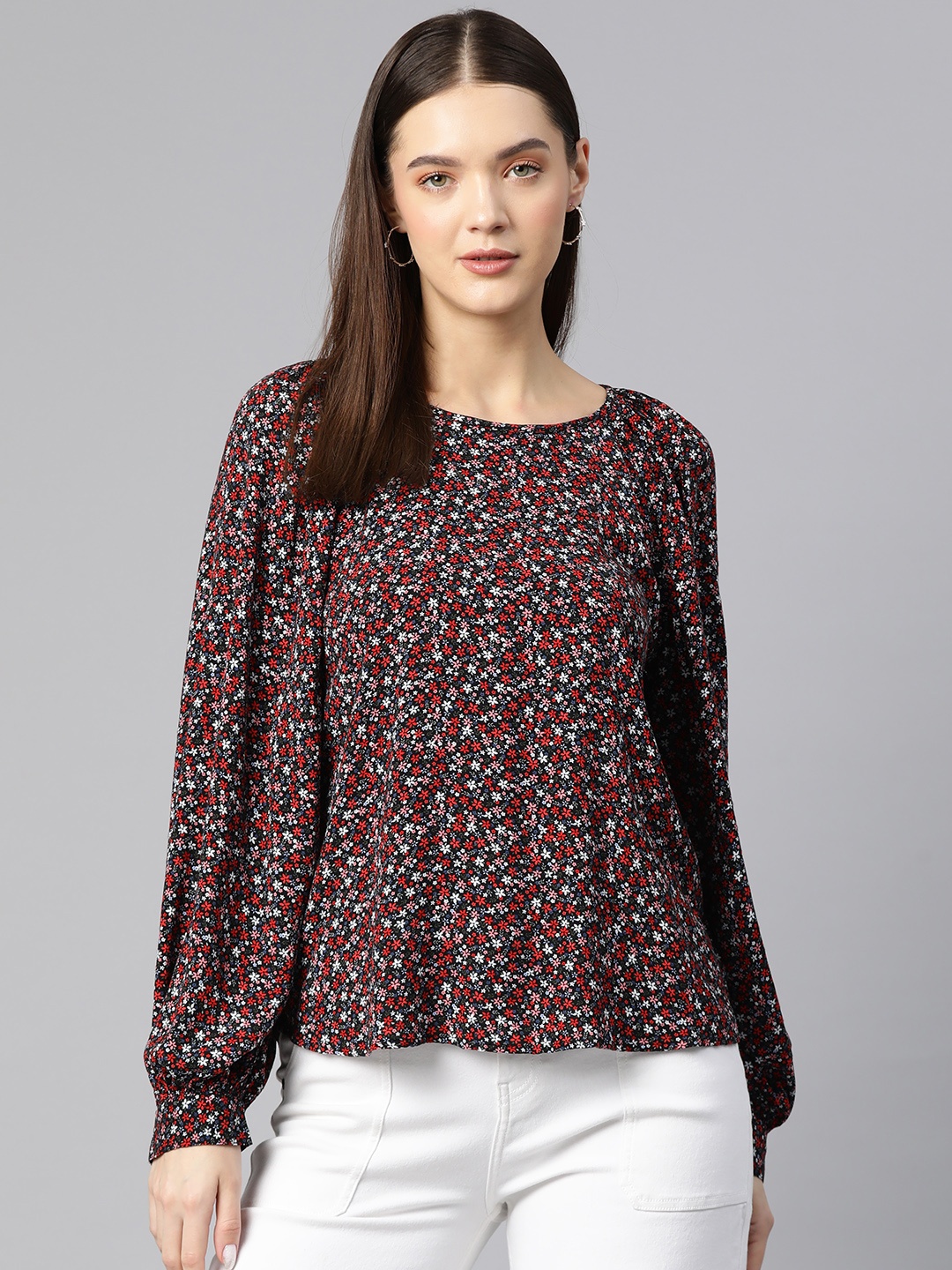 

Marks & Spencer Floral Print Round Neck Puff Sleeve Top, Black
