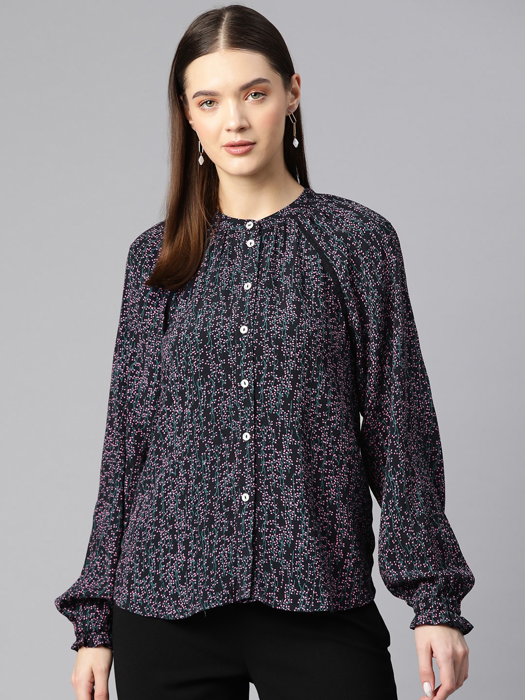 

Marks & Spencer Floral Print Band Collar Puff Sleeve Shirt Style Top, Navy blue