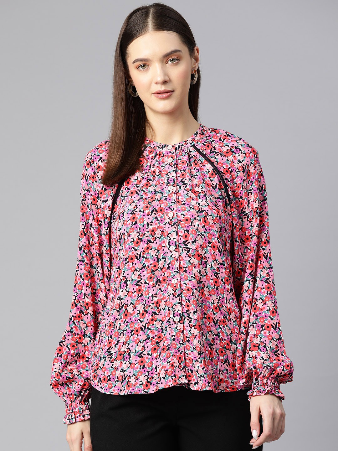 

Marks & Spencer Floral Print Band Collar Puff Sleeve Shirt Style Top, Pink