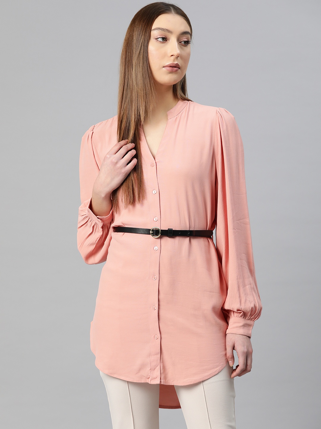 

Marks & Spencer Puff Sleeves Shirt Style Longline Top with Belt, Peach