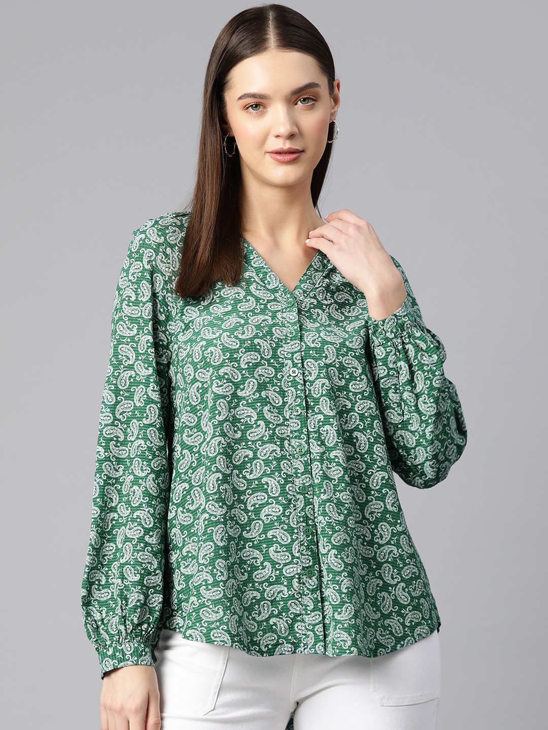 

Marks & Spencer Ethnic Motifs Print V-Neck Puff Sleeve Shirt Style Top, Green