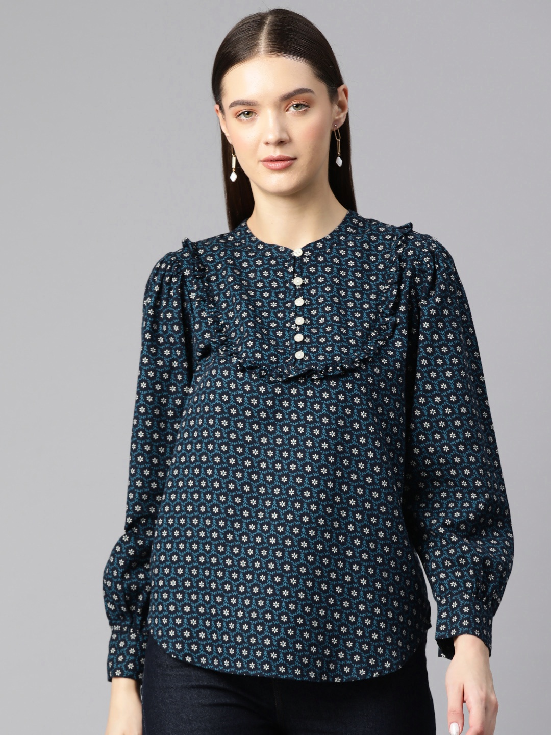 

Marks & Spencer Pure Cotton Floral Print Band Collar Top With Ruffle Detail, Blue