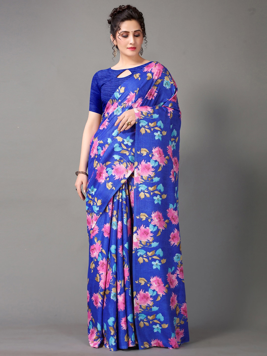 

KALINI Floral Printed Silk Blend Saree, Blue