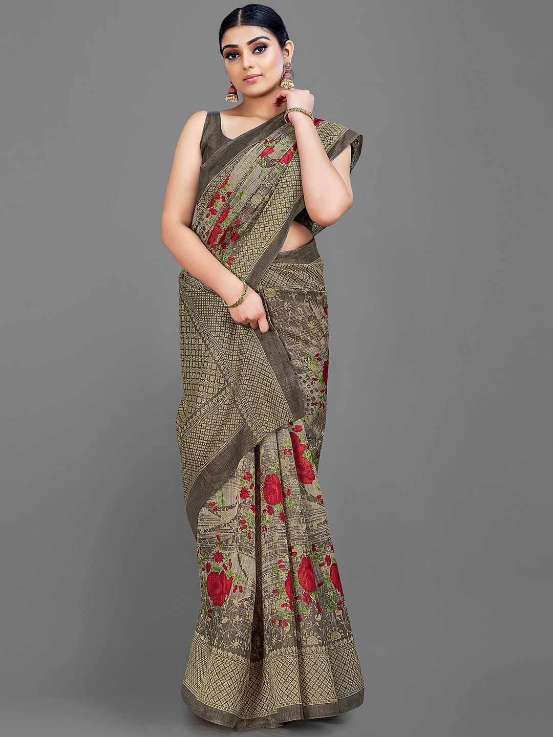 

KALINI Floral Printed Saree, Coffee brown