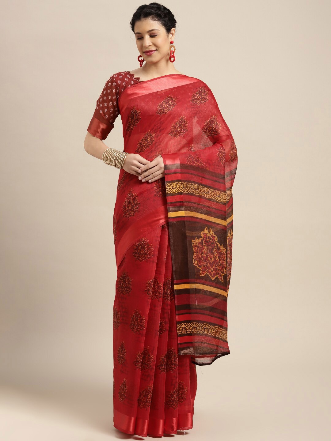 

KALINI Ethnic Motifs Block Print Saree, Red