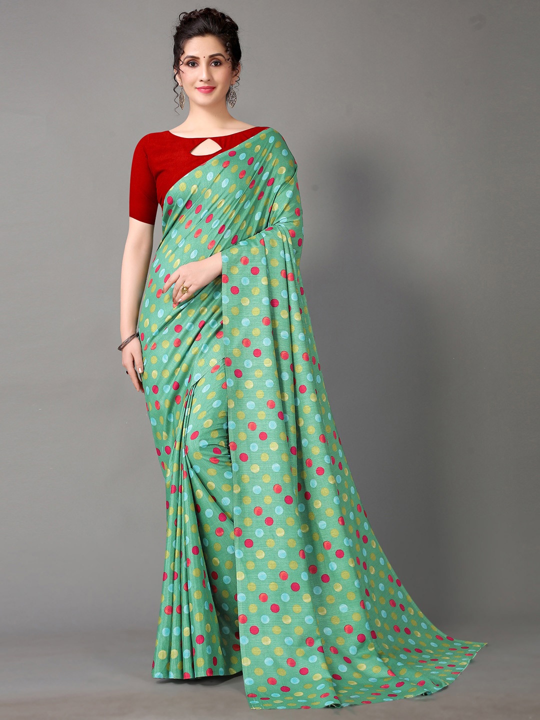 

KALINI Polka Dots Printed Saree, Green