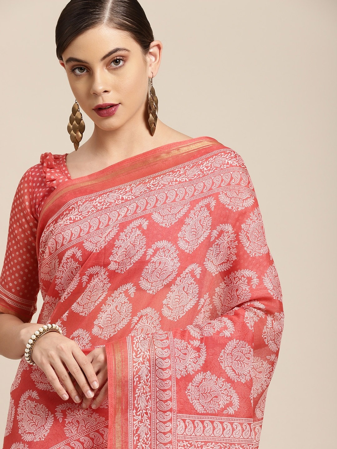 

KALINI Paisley Printed Zari Block Print Saree, Peach