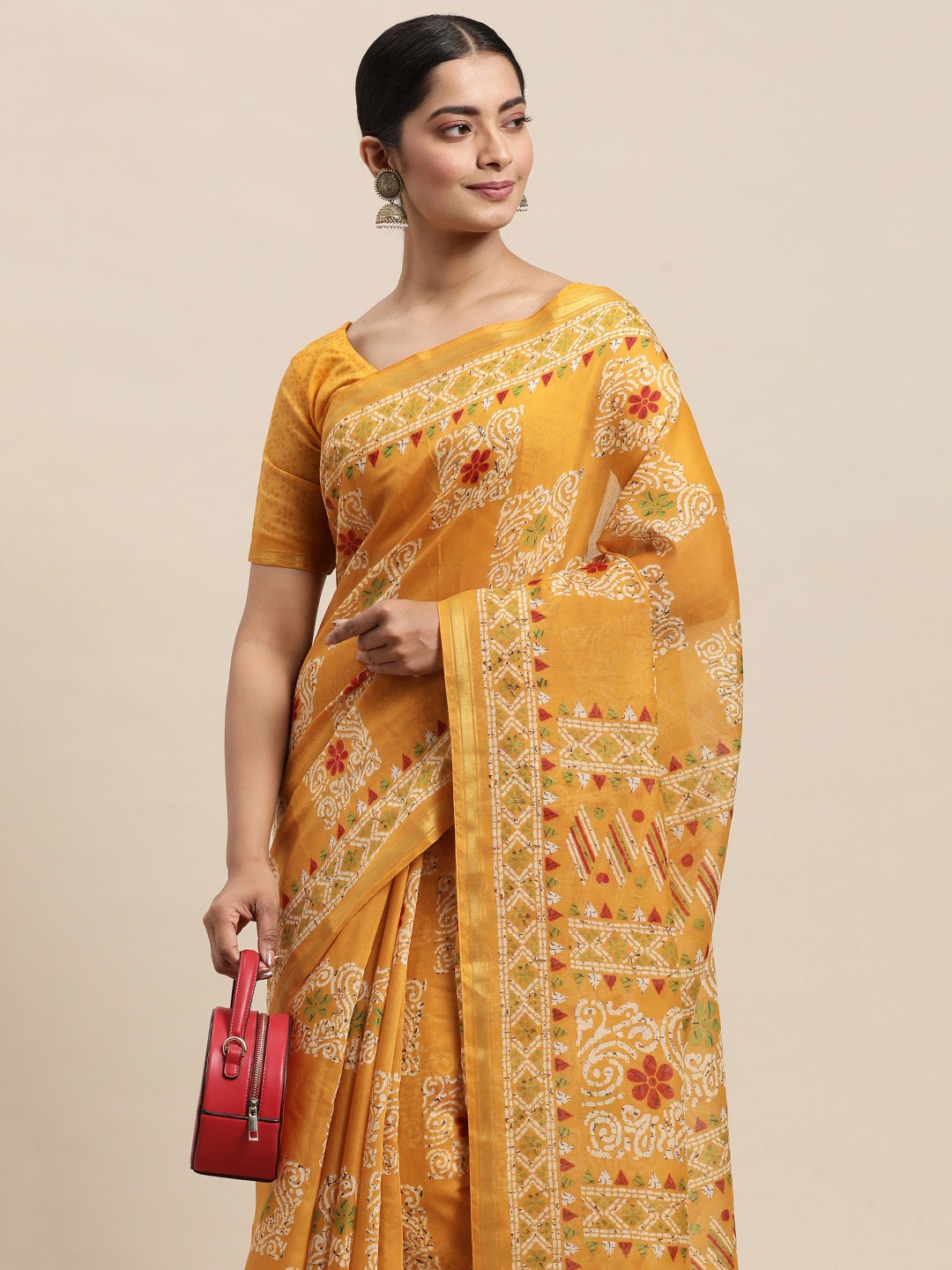 

KALINI Ethnic Motifs Printed Zari Block Print Saree, Mustard