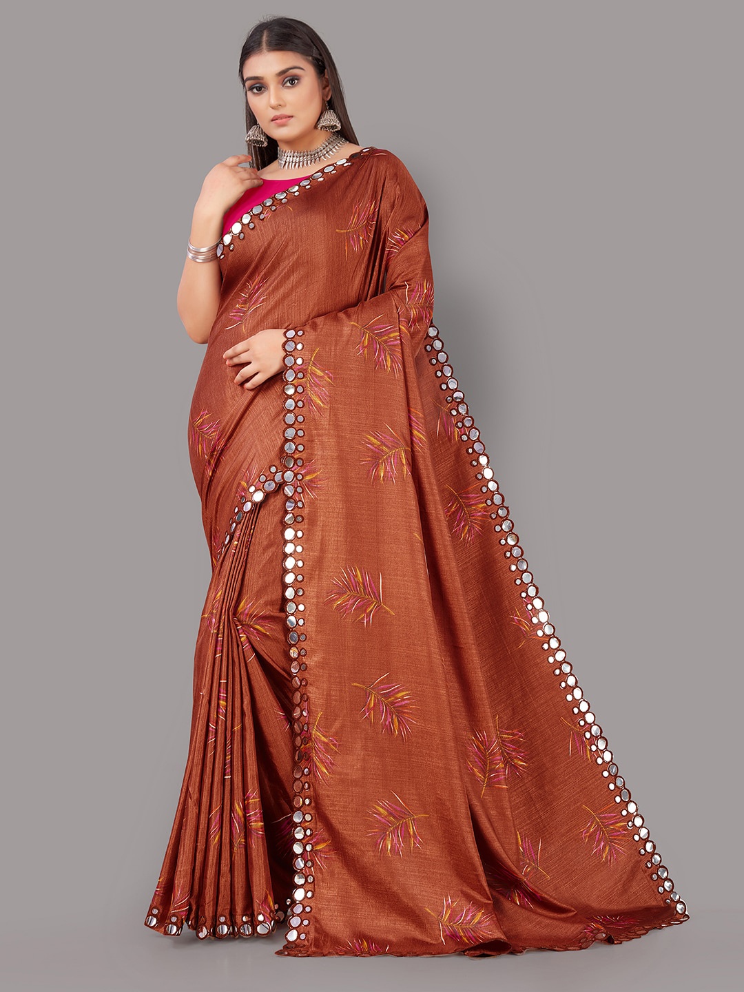 

KALINI Floral Printed Mirror Work Mysore Silk Saree, Brown