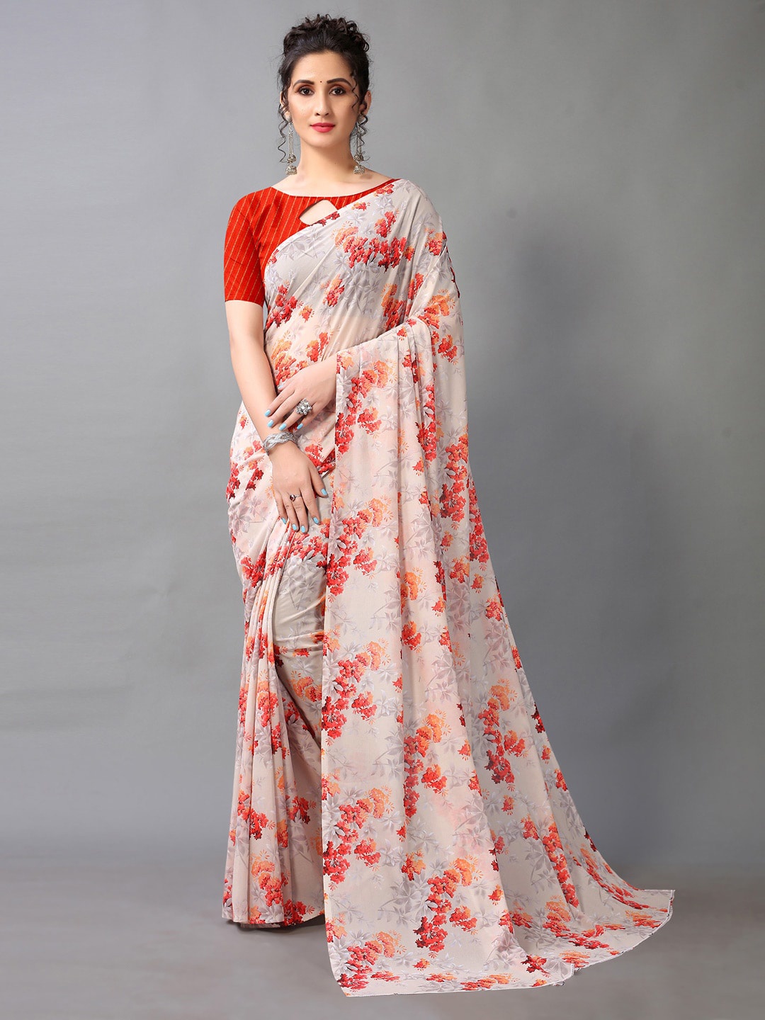 

KALINI Floral Printed Pure Georgette Saree, Beige