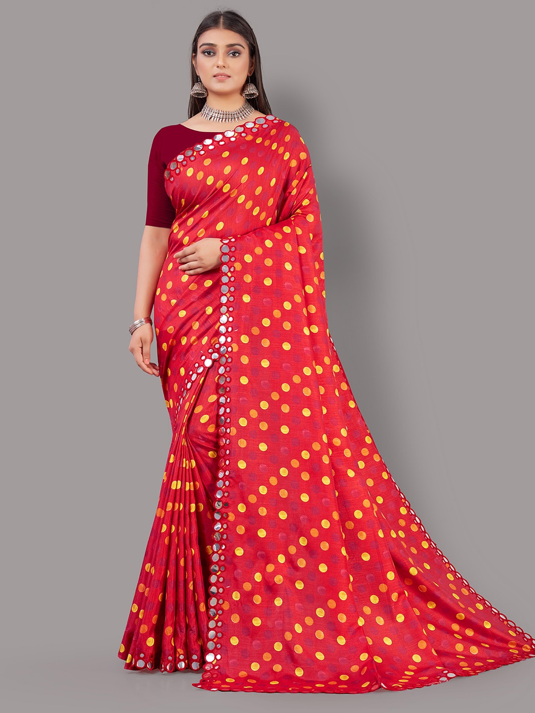 

KALINI Polka Dots Printed Mirror Work Saree, Red