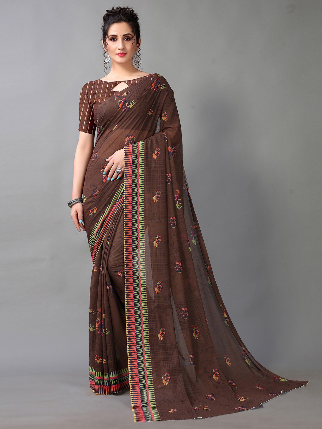 

KALINI Floral Printed Pure Georgette Saree, Brown