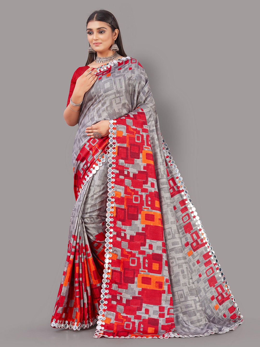 

KALINI Geometric Printed Mirror Work Mysore Silk Saree, Grey