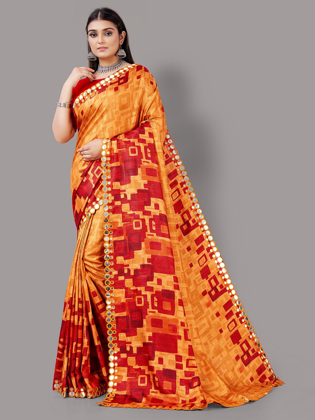 

KALINI Geometric Printed Mirror Work Saree, Mustard