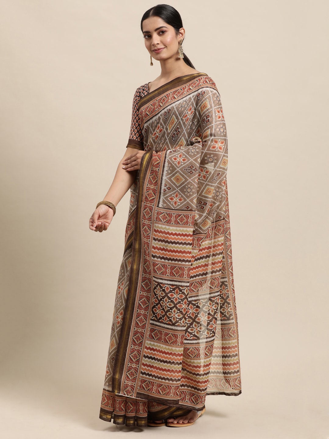 

KALINI Bandhani Printed Zari Saree, Brown