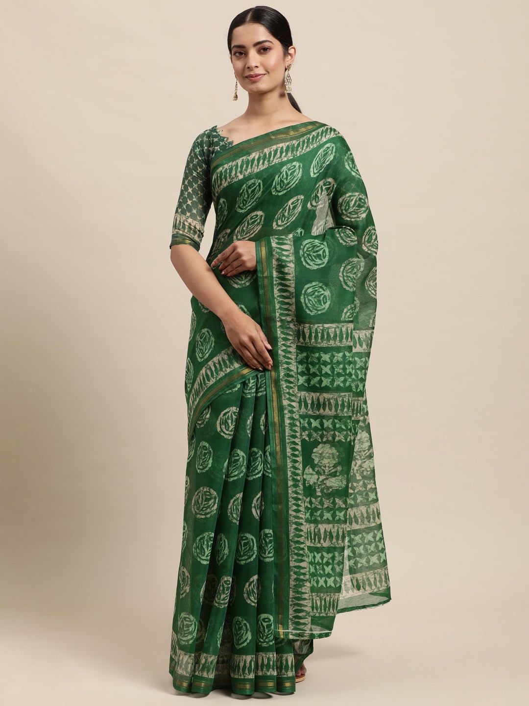 

KALINI Batik Zari Block Printed Saree, Green