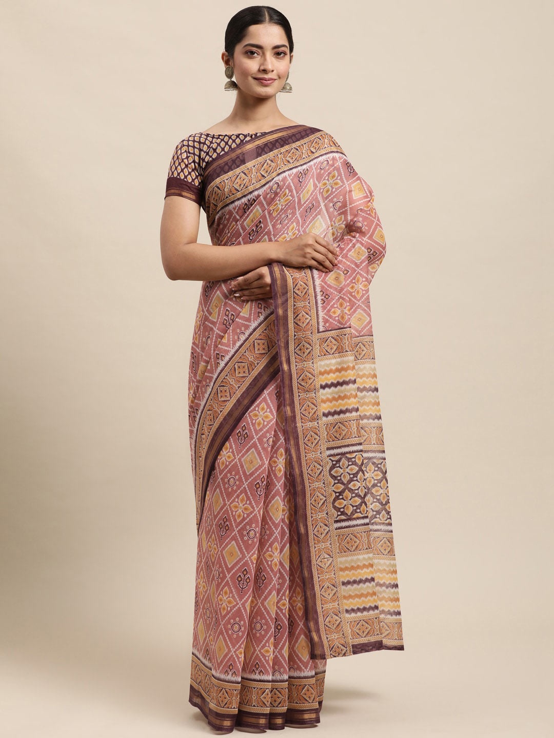 

KALINI Printed Zari Bandhani Saree, Peach