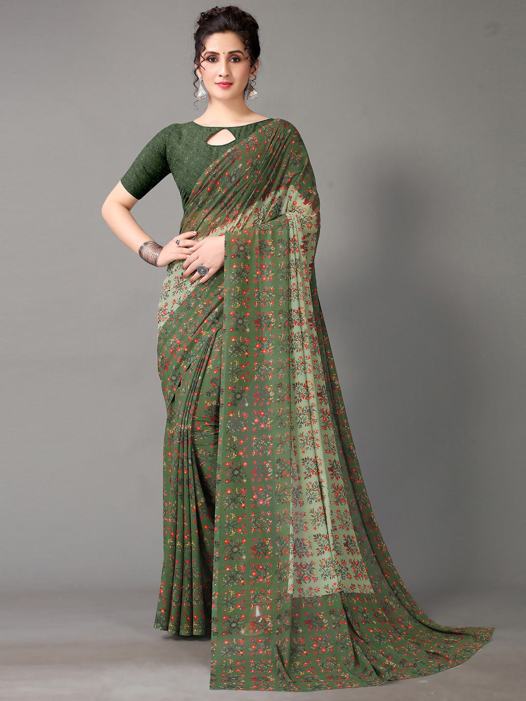 

KALINI Floral Printed Pure Georgette Saree, Green