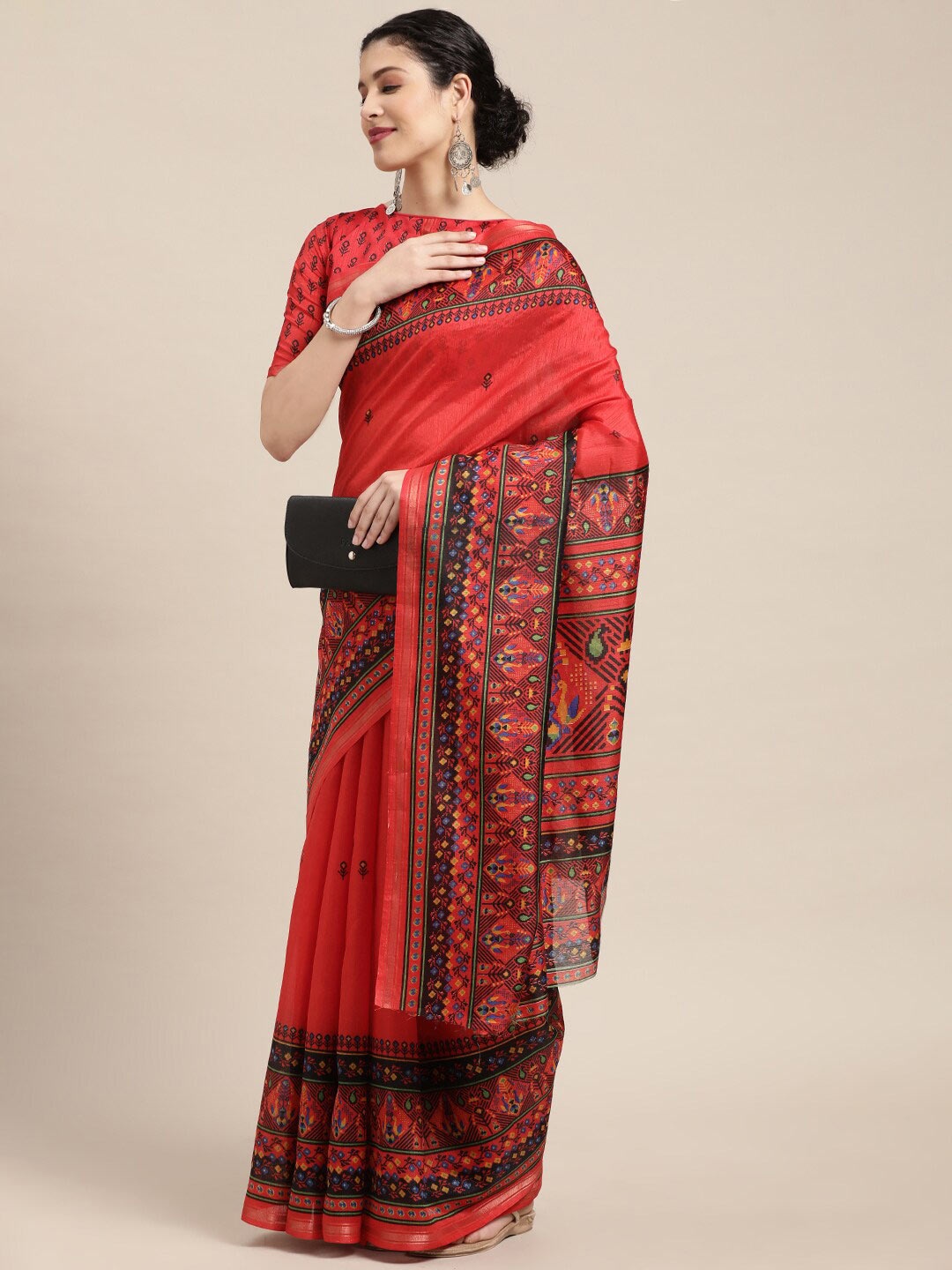 

KALINI Ethnic Motifs Printed Zari Art Silk Patola Saree, Red