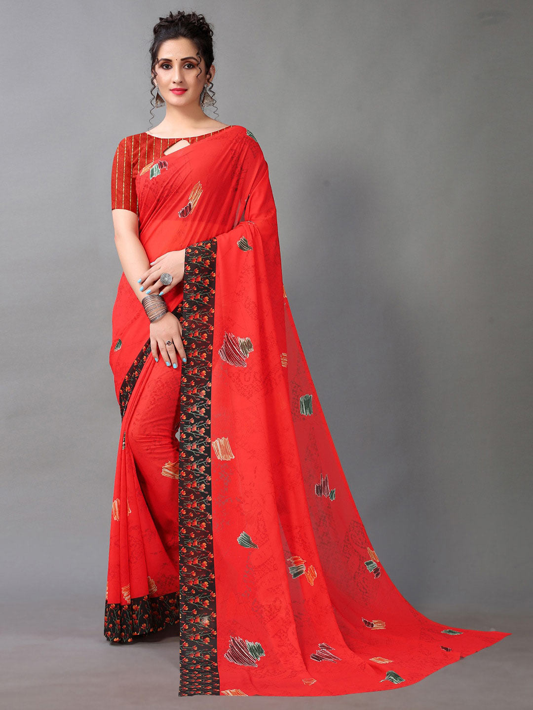 

KALINI Abstract Printed Pure Georgette Saree, Red
