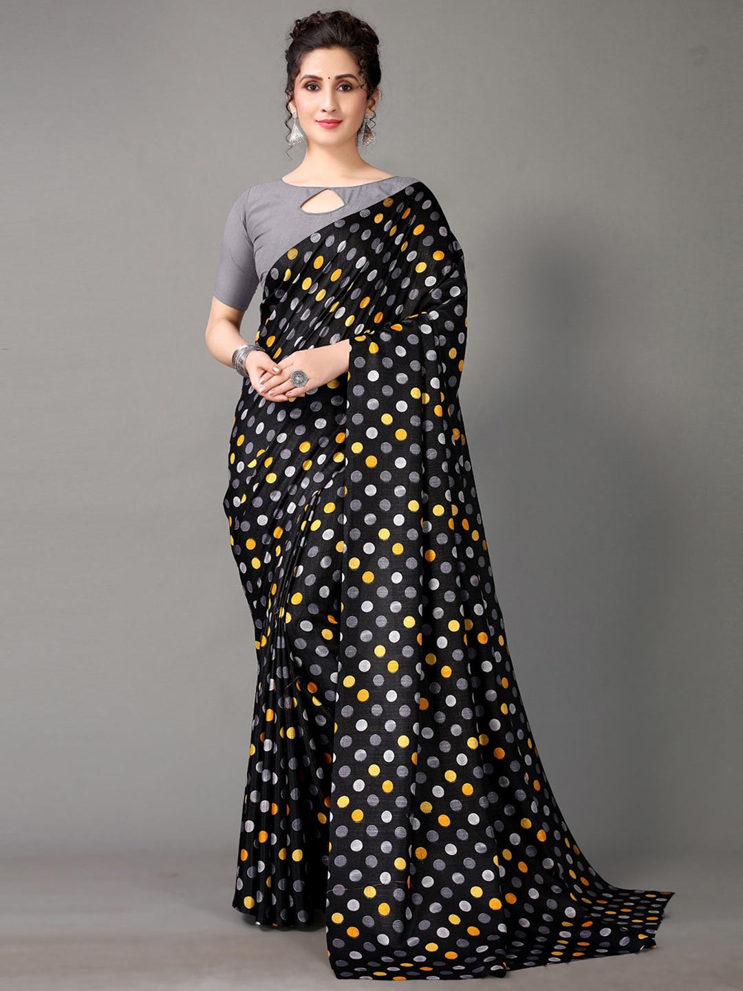 

KALINI Polka Dot Printed Saree, Black