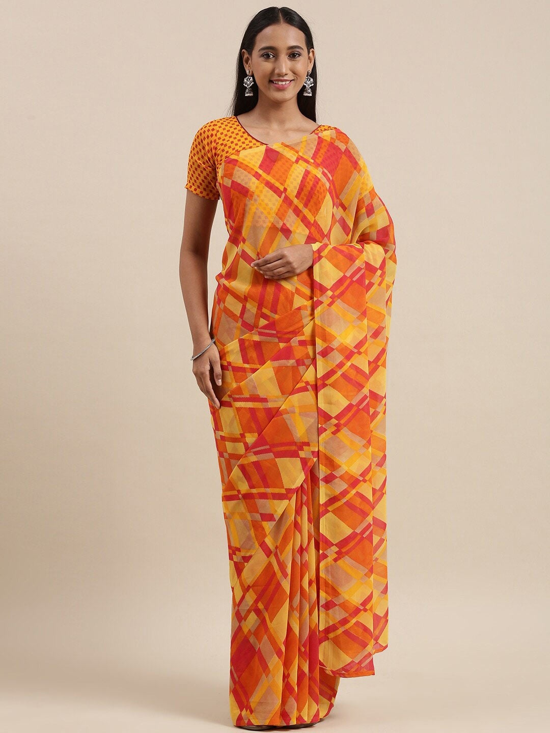 

KALINI Geometric Printed Pure Georgette Saree, Yellow