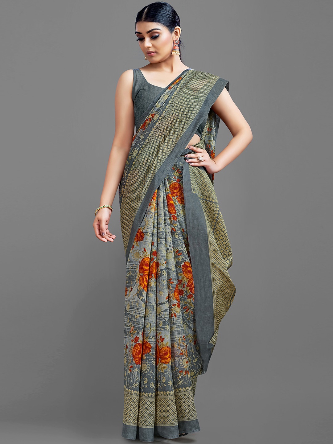 

KALINI Grey & Orange Floral Art Silk Saree