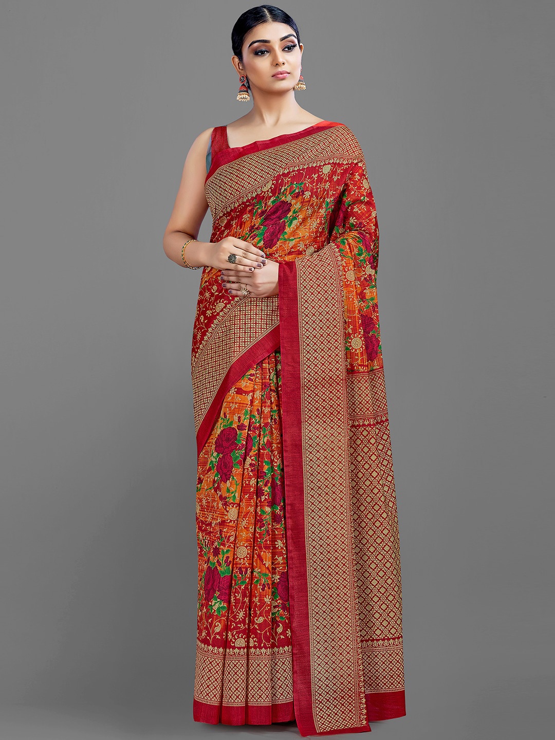 

KALINI Floral Printed Art Silk Saree, Red